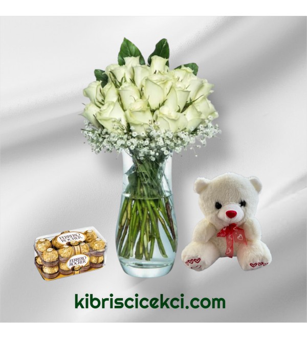 Vazoda 25 Beyaz Gül Ayıcık 16'lı Ferrero Çikolata